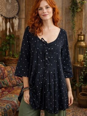 *READ Gudrun Sjoden Sz L Polka Dot Tie Neck Organic Cotton A-Line Tunic Top